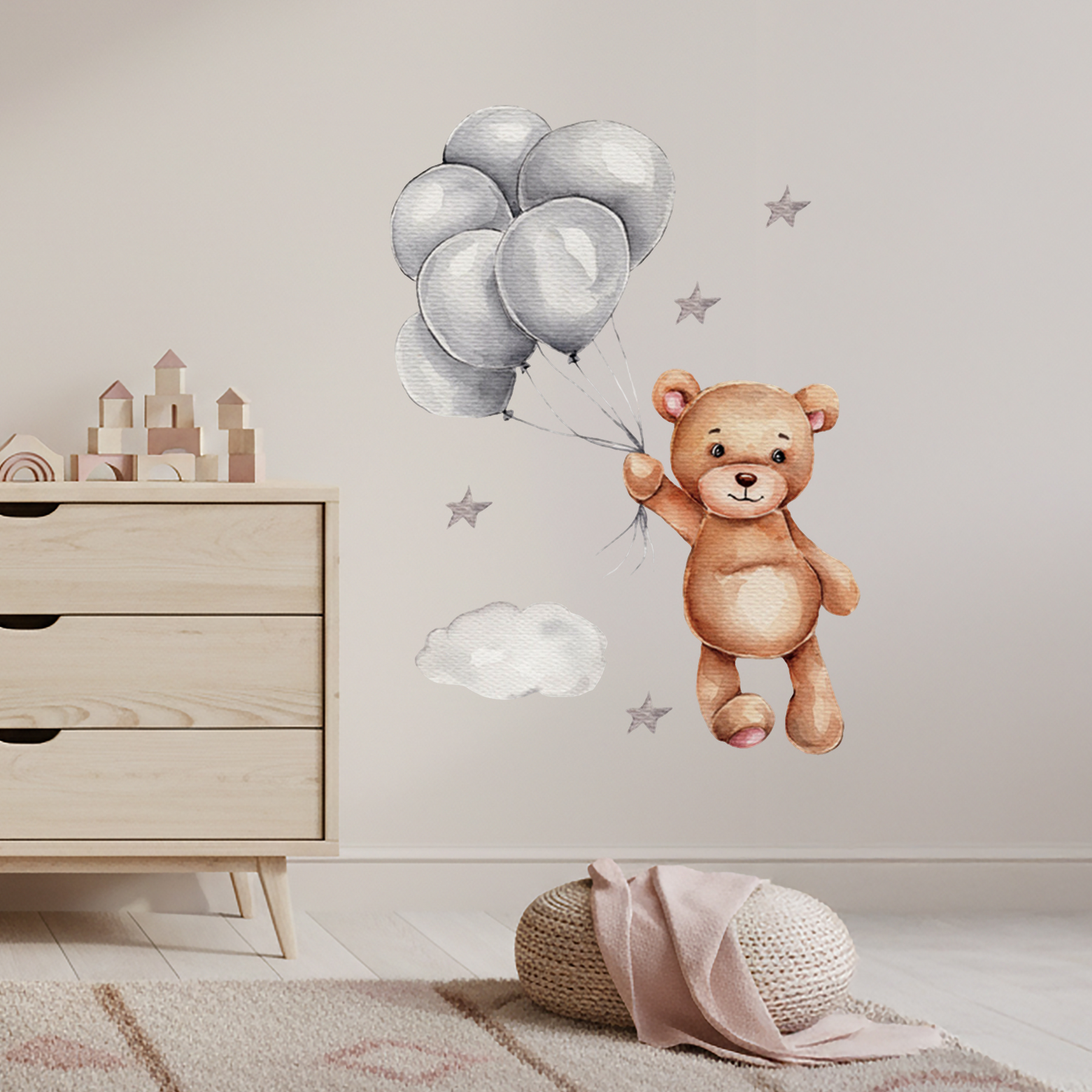 Stickere Perete Copii SIPO – Ursulet cu Baloane, Set Decorativ, 67×50 cm