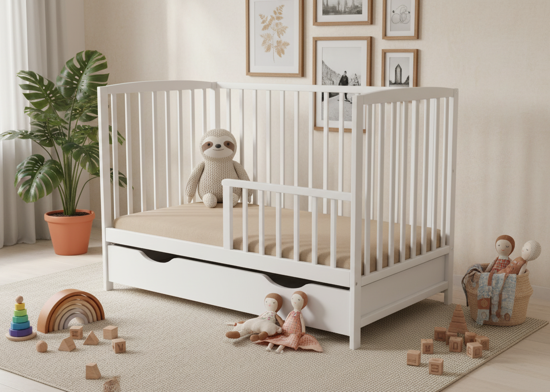 Patut Bebelusi Beatrice, Lemn Masiv, 3 Nivele Saltea, Protectie Laterala Toddler, Sertar, 120×60 cm