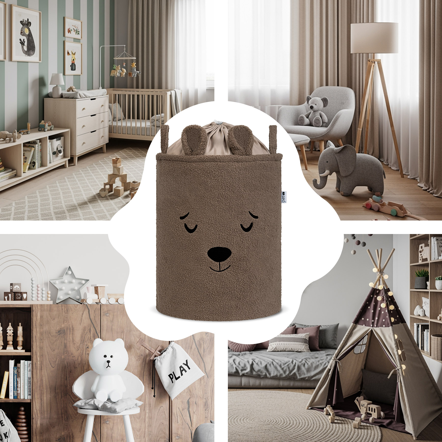 Cos Premium Fluffy Toy Boucle Bear, 43 litri, pliabil cu manere rezistente, Brown