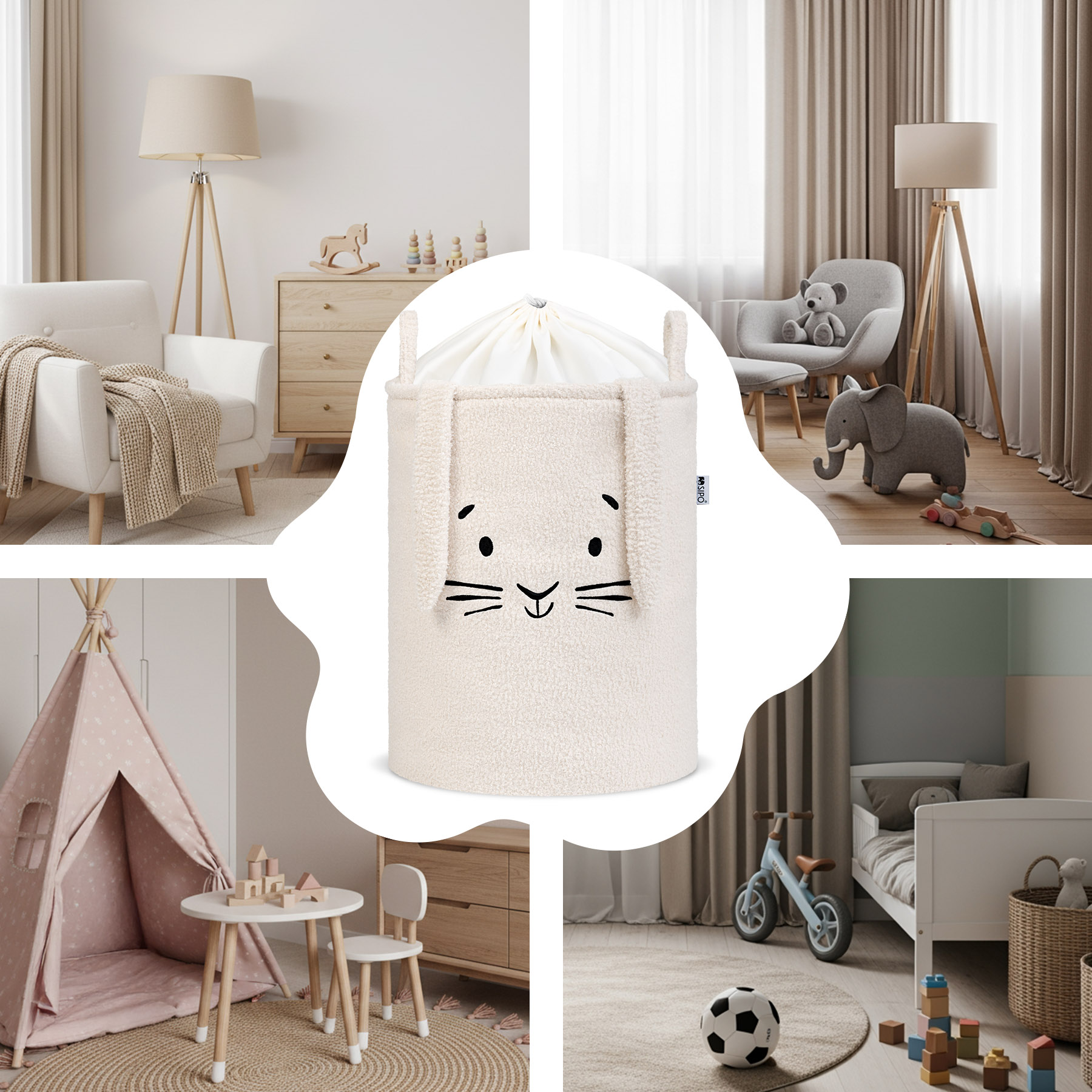 Cos Premium Fluffy Toy Boucle Rabbit, 43 litri, pliabil cu manere rezistente, Cream