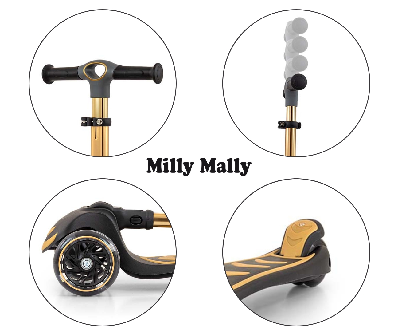 Trotineta pliabila Milly Mally Boogie Gold, roti din silicon cu Led, platforma antiderapanta, greutate admisa 50 kg