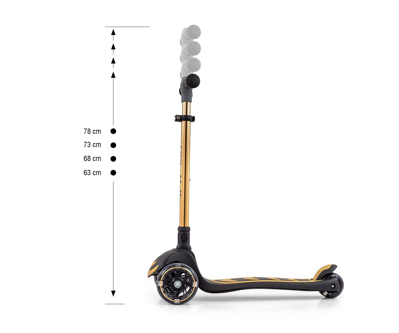 Trotineta pliabila Milly Mally Boogie Gold, roti din silicon cu Led, platforma antiderapanta, greutate admisa 50 kg