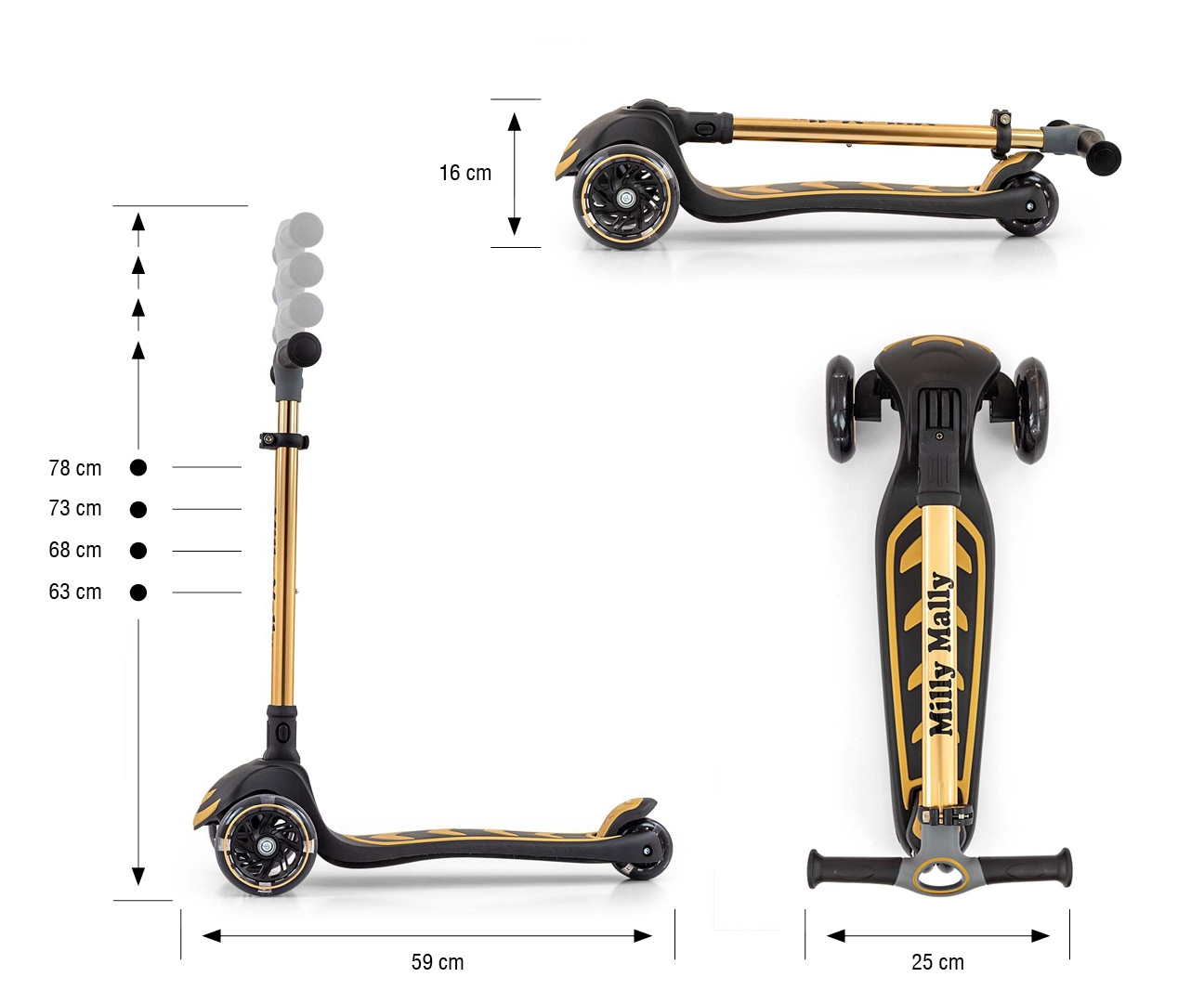 Trotineta pliabila Milly Mally Boogie Gold, roti din silicon cu Led, platforma antiderapanta, greutate admisa 50 kg