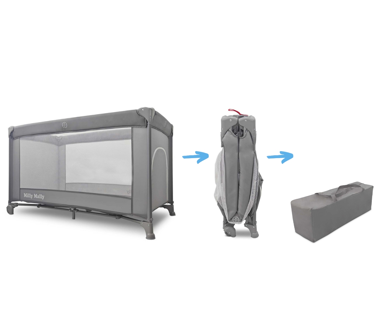 Patut Pliabil de Calatorie Milly Mally Mirage, Nivel Reglabil, Roti si Geanta Transport, Grey